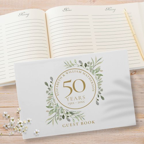 50th Wedding Anniversary Gold Greenery Watercolor Guest Book