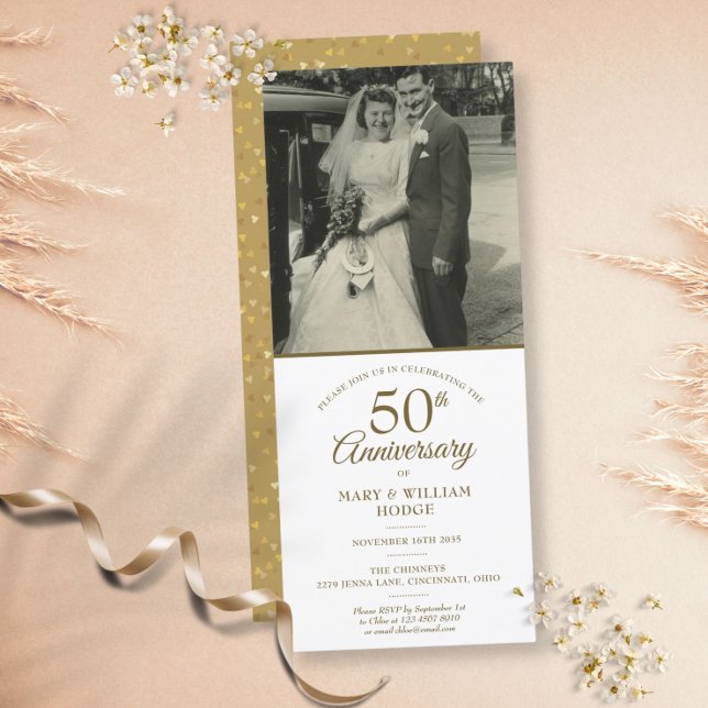 50th Wedding Anniversary Gold Heart Confetti Photo Invitation
