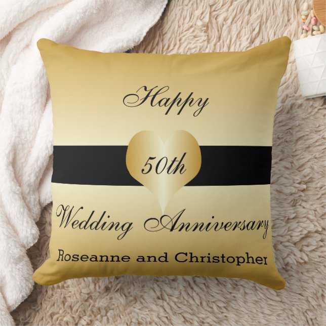 50th Wedding Anniversary Gold Heart Design Throw Pillow (Blanket)