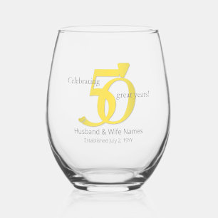 50th Wedding Anniversary Gold, Heart, Diamond Ring Stemless Wine Glass