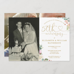 50th Wedding Anniversary Gold Heart Floral 2 Photo Invitation