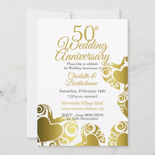 50th Wedding Anniversary Gold Heart Invitation