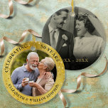 50th Wedding Anniversary Gold Hearts 2 Photo Ceramic Ornament<br><div class="desc">Personalize with two special photos and 50th-anniversary details on a gold hearts confetti background. Designed by Thisisnotme©</div>