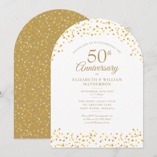 50th Wedding Anniversary Gold Hearts Arch Invitation (Front/Back)