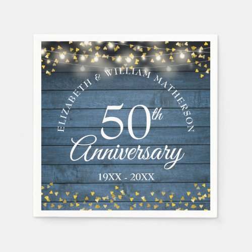 50th Wedding Anniversary Gold Hearts Blue Rustic Napkins