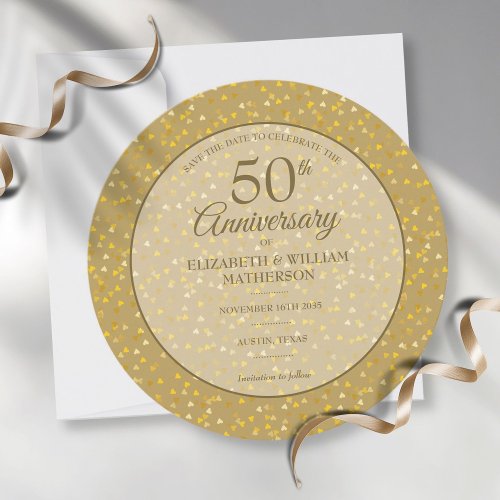 50th Wedding Anniversary Gold Hearts Circular Save The Date