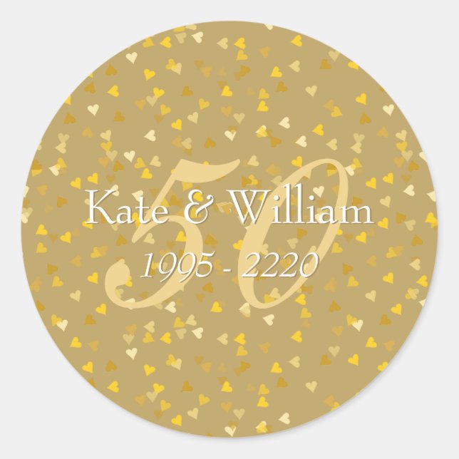 50th Wedding Anniversary Gold Hearts Confetti Classic Round Sticker (Front)