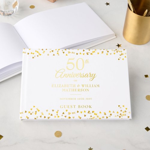 50th Wedding Anniversary Gold Hearts Confetti Foil Guest Book