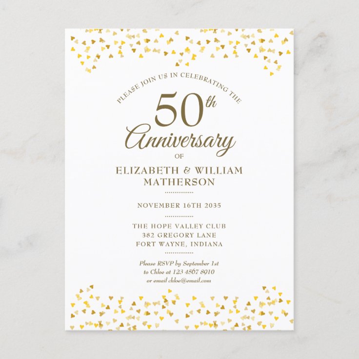 50th Wedding Anniversary Gold Hearts Confetti Invitation Postcard | Zazzle