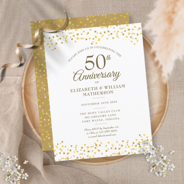 50th Wedding Anniversary Gold Hearts Confetti  Invitation Postcard