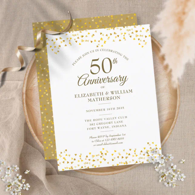 50th Wedding Anniversary Gold Hearts Confetti Invitation Postcard | Zazzle