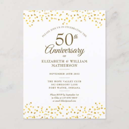 50th Wedding Anniversary Gold Hearts Confetti Invitation Postcard | Zazzle