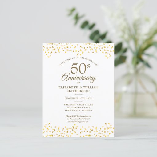 50th Wedding Anniversary Gold Hearts Confetti Invitation Postcard | Zazzle