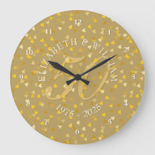 50th Wedding Anniversary Gold Hearts Confetti Large Clock