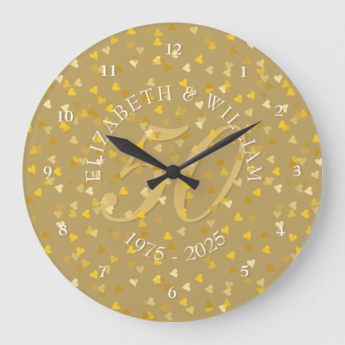 50th Wedding Anniversary Gold Hearts Confetti Large Clock