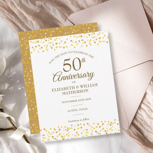 50th Wedding Anniversary Gold Hearts Confetti Save The Date