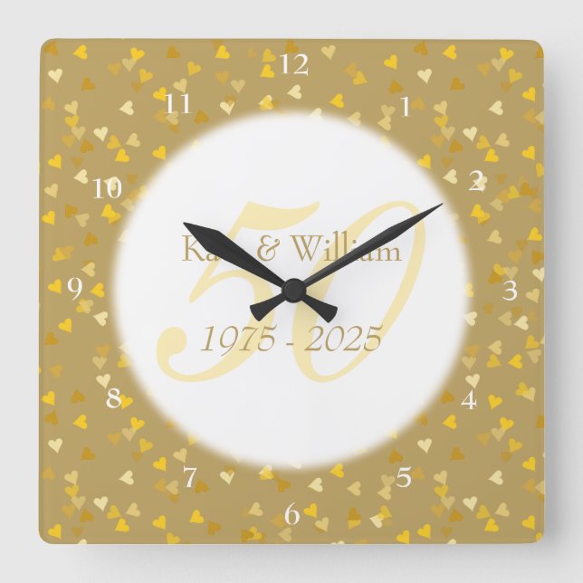 50th Wedding Anniversary Gold Hearts Confetti Square Wall Clock (Front)