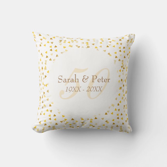50th Wedding Anniversary Gold Hearts Confetti Throw Pillow (Front)