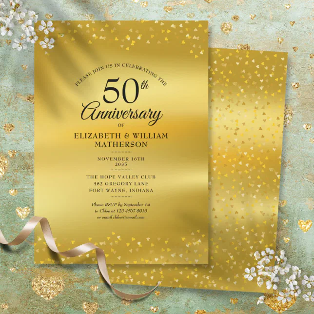 50th Wedding Anniversary Gold Hearts Foil Invitation | Zazzle