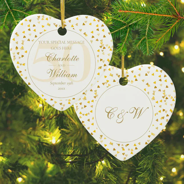 50th Wedding Anniversary Gold Hearts Monogram Ceramic Ornament | Zazzle