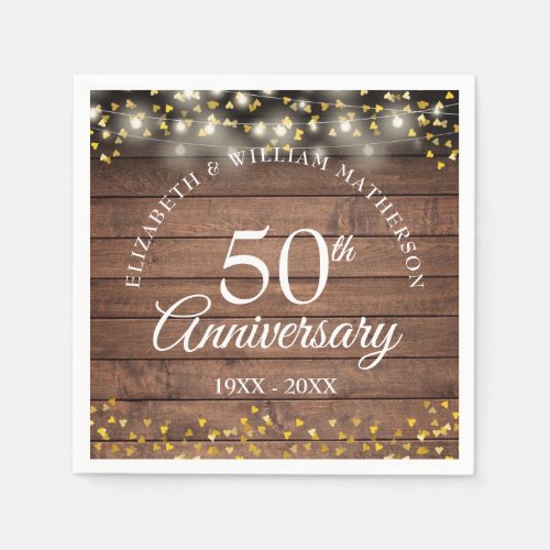 50th Wedding Anniversary Gold Hearts Rustic Napkins