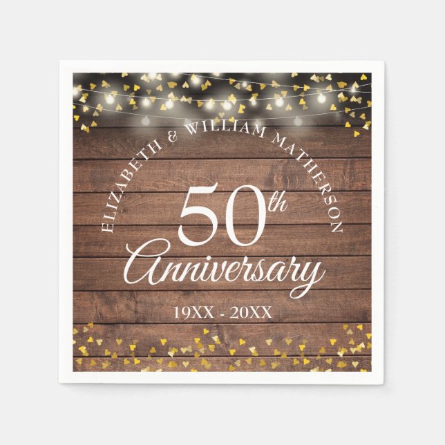 50th Wedding Anniversary Gold Hearts Rustic Napkins (Front)
