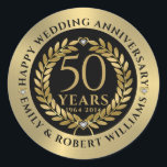 50th wedding anniversary Gold laurel wreath Dinner Classic Round Sticker<br><div class="desc">The gold laurel wreath and black accent modern customizable 50th wedding Anniversary template design. Easily customize your names and dates of your Anniversary.
White diamond hearts accents.</div>