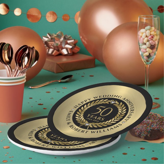50th wedding anniversary Gold laurel wreath Dinner Paper Plates (Multi)