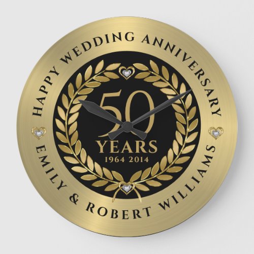 50th wedding anniversary Gold laurel wreath Large Clock