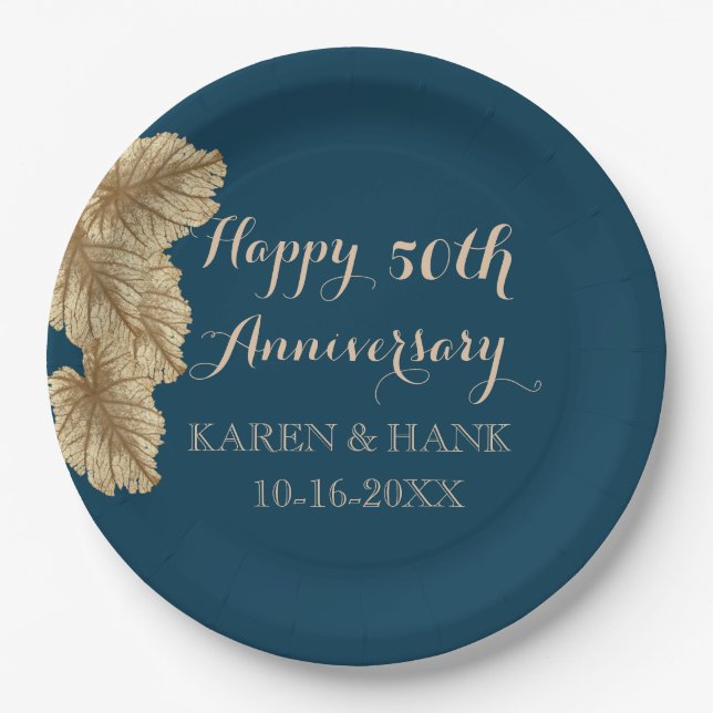 50th Wedding Anniversary Gold Leaf Navy Blue Paper Plates (Front)