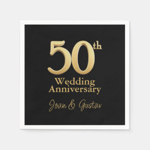 50th Wedding Anniversary Gold Lettering Black Napkins