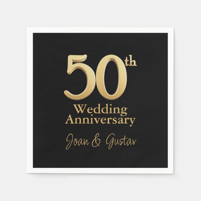 50th Wedding Anniversary | Gold Lettering | Black Napkins (Front)