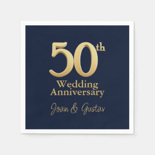50th Wedding Anniversary Gold Lettering Blue Napkins