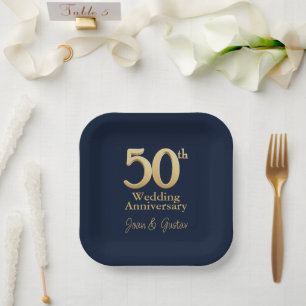 50th Wedding Anniversary Gold Lettering Blue Paper Plates