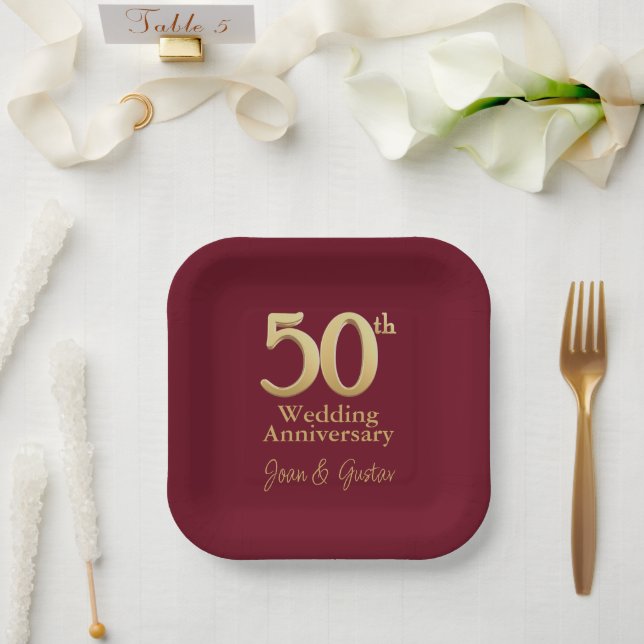 50th Wedding Anniversary | Gold Lettering Burgundy Paper Plates (Wedding)