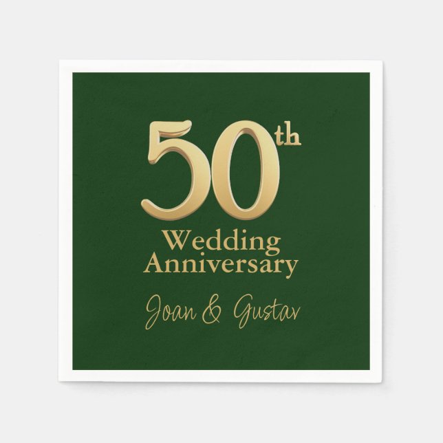 50th Wedding Anniversary | Gold Lettering | Green Napkins (Front)