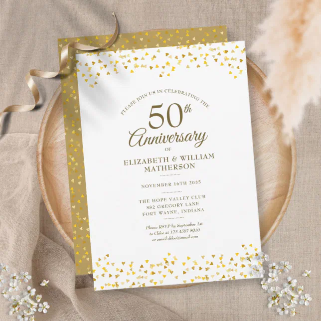 50th Wedding Anniversary Gold Love Hearts Confetti Invitation | Zazzle