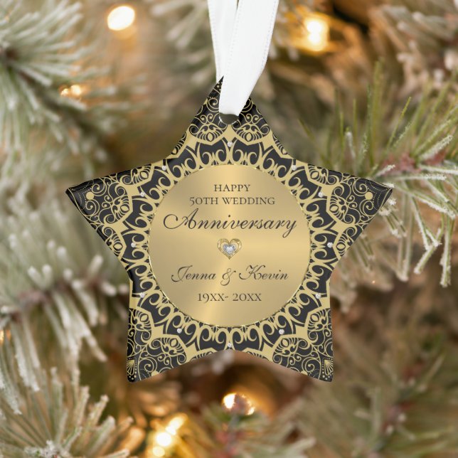 50th Wedding Anniversary Gold Mandala On Black Ornament (Tree)
