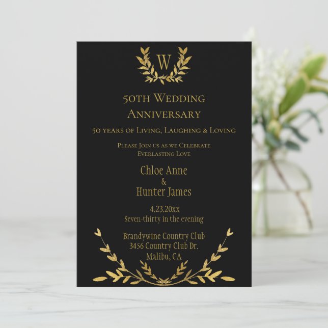 50th Wedding Anniversary Gold Monogram Invitation (Standing Front)