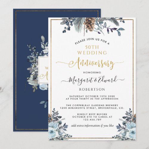 50th Wedding Anniversary, Gold, Navy Blue Floral