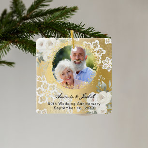 50th Wedding Anniversary gold photo florals Ceramic Ornament