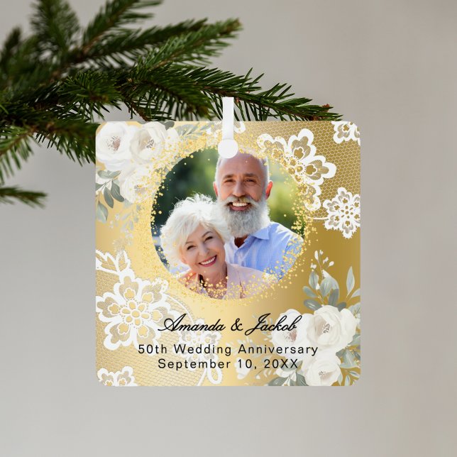 50th Wedding Anniversary gold photo florals  Glass Ornament (Creator Uploaded)