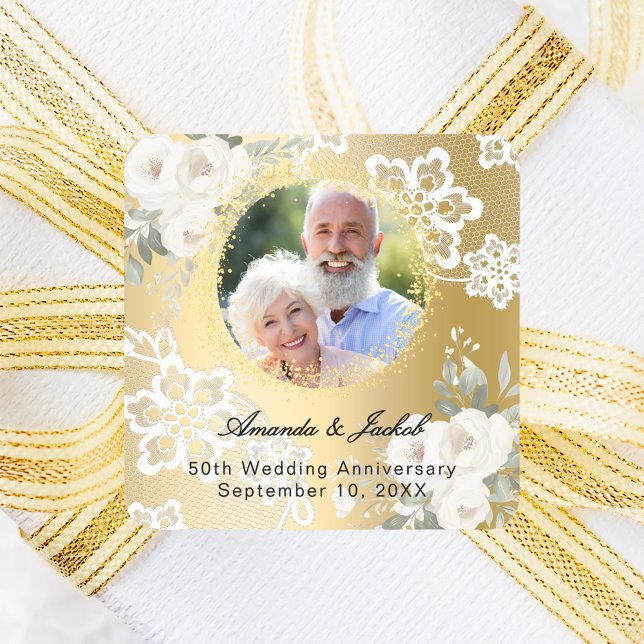 50th Wedding Anniversary gold photo florals  Square Sticker (Creator Uploaded)