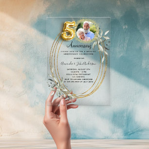 50th wedding anniversary gold photo greenery acrylic invitations