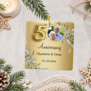 50th wedding anniversary gold photo greenery ceramic ornament