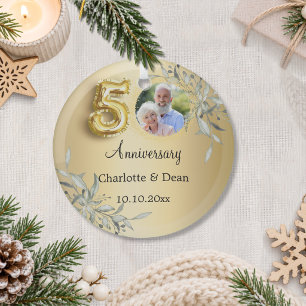 50th wedding anniversary gold photo greenery glass ornament