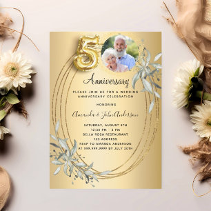50th wedding anniversary gold photo greenery invitation
