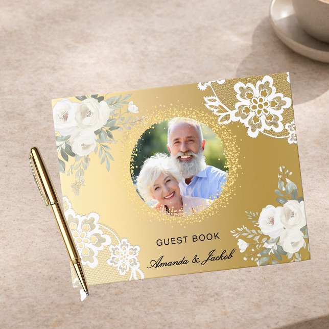 50th Wedding Anniversary gold photo lace floral Guest Book (Creator Uploaded)