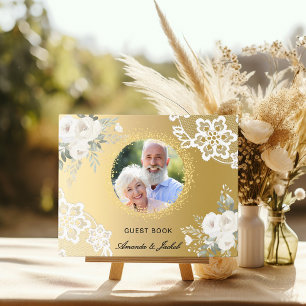 50th Wedding Anniversary gold photo lace floral Guest Book