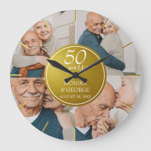 50th Wedding Anniversary Gold Photo Large Clock